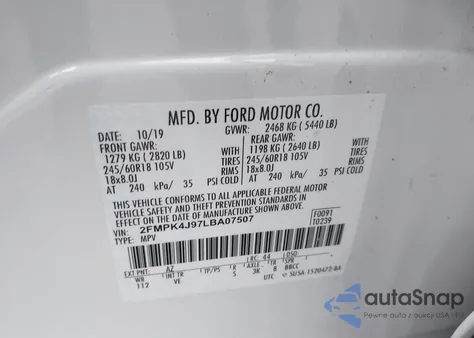 2020 Ford Edge Sel z USA, uszkodzony, nr VIN 2FMPK4J97LBA07507